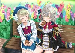  2girls :d :t ^_^ absurdres ahoge arm_at_side ascot assault_lily bench beret black_dress blue_flower blue_hat blue_ribbon blue_skirt blush bow bowtie closed_eyes closed_mouth collared_shirt cowboy_shot day dress eating epaulettes esaka_shizuku flower food food_bite frilled_dress frilled_skirt frilled_sleeves frills grey_hair hair_between_eyes hair_ribbon hand_up hashtag-only_commentary hat herensuge_girls_academy_school_uniform high-waist_skirt highres holding holding_food indoors jewelry layered_dress long_hair long_sleeves looking_at_another looking_to_the_side medium_hair multicolored_hair multiple_girls nanatsuki_(nanatuki_4) official_alternate_costume on_bench open_mouth park_bench pendant pink_flower purple_flower red_ascot red_bow red_bowtie red_flower red_ribbon ribbon ring_hair_ornament sasaki_ran school_uniform sett shirt short_dress side-by-side sideways_glance sitting skirt sleeves_past_fingers sleeves_past_wrists smile streaked_hair suspender_skirt suspenders taiyaki teeth two-tone_dress upper_teeth_only wagashi white_ascot white_hat white_shirt yellow_flower 