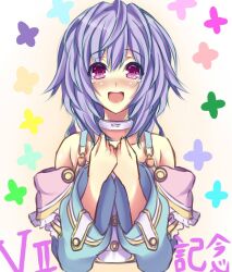  1girl bad_id bad_twitter_id bare_shoulders blue_dress choker cropped detached_sleeves dot_nose dress flat_chest frills gold_buttons hair_between_eyes highres ill_(0022) looking_at_viewer messy_hair neptune_(series) open_mouth own_hands_together pink_eyes plus_sign purple_hair pururut smile solo tearing_up teeth upper_teeth_only white_choker 