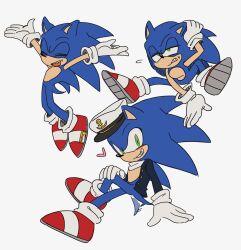 1boy animal_ears animal_nose blue_fur full_body furry furry_male gloves green_eyes hat heart hedgehog_boy highres jumping looking_at_viewer male_focus multiple_views official_alternate_costume red_shoes shoes short_tail simple_background sitting smile sonic_(series) sonic_the_hedgehog tail the_murder_of_sonic_the_hedgehog unneul white_background white_gloves 