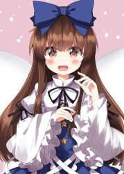  1girl :d black_ribbon blue_bow blue_dress blush bow brown_eyes brown_hair commentary dress frilled_sleeves frills hair_bow hands_up highres long_hair long_sleeves looking_at_viewer neck_ribbon open_mouth ribbon ruu_(tksymkw) shirt smile solo star_sapphire touhou upper_body white_shirt wide_sleeves 