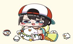  1girl bird black_hair blue_eyes blush_stickers chibi chibi_only commentary_request creature duck highres hololive kakue_gaku looking_at_creature megaphone oozora_subaru oozora_subaru_(1st_costume) shirt shoes short_hair shorts simple_background sitting sneakers solo striped_clothes striped_shirt subatomo_(big) subatomo_(small) swept_bangs t-shirt two-tone_shirt vertical-striped_clothes vertical-striped_shirt virtual_youtuber white_shirt white_shoes white_shorts yellow_background yellow_shirt 