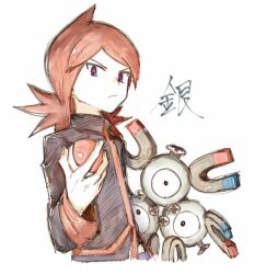  1boy asuka_rkgk closed_mouth cowlick highres holding holding_poke_ball jacket long_hair long_sleeves looking_down magneton male_focus poke_ball poke_ball_(basic) pokemon pokemon_(creature) pokemon_hgss red_hair silver_(pokemon) violet_eyes white_background 
