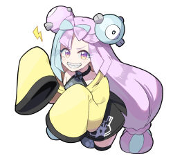  1girl blue_hair botamochi_(exwelder) bow-shaped_hair character_hair_ornament grey_pantyhose grin hair_ornament halter_shirt halterneck hexagon_print highres iono_(pokemon) jacket long_hair long_sleeves looking_at_viewer low-tied_long_hair multicolored_hair pantyhose pink_hair pokemon pokemon_sv sharp_teeth simple_background single_leg_pantyhose sleeves_past_fingers sleeves_past_wrists smile solo split-color_hair standing teeth two-tone_hair upper_body white_background x_(symbol) yellow_jacket 