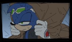  1boy animal_ears animal_nose black_border blue_fur border furry furry_male gloves goggles goggles_on_head green_eyes hedgehog_boy highres male_focus rain solo sonic_(series) sonic_riders_(series) sonic_the_hedgehog sonic_the_hedgehog_(riders) unneul white_gloves 