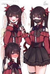  1girl absurdres black_choker black_mask black_skirt blush brown_hair butterfly-shaped_pupils choker embarrassed frilled_shirt frilled_skirt frills highres holding holding_phone honkai:_star_rail honkai_(series) jirai_kei long_hair looking_at_viewer mark_under_both_eyes multiple_views nose_blush open_mouth phone pink_eyes ranran_3939 red_nails red_shirt shirt simple_background skindentation skirt sparkle_(honkai:_star_rail) symbol-shaped_pupils thigh_strap translation_request twintails very_long_hair white_background 