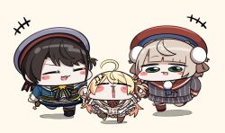  +++ 3girls =_= aged_down ahoge beret blonde_hair blue_jacket blush brown_hair buttons chibi chibi_only commentary_request double-breasted dress facing_another full_body green_eyes grey_hat grey_jacket grey_skirt hair_ornament hair_ribbon hat holding_hands hololive hololive_dev_is indie_virtual_youtuber jacket kakue_gaku long_hair long_sleeves looking_at_another multiple_girls musical_note musical_note_hair_ornament one_side_up oozora_subaru oozora_subaru_(suspenders) otonose_kanade otonose_kanade_(1st_costume) pinstripe_jacket pinstripe_pattern pinstripe_skirt plaid_clothes plaid_dress pleated_skirt pom_pom_(clothes) pom_pom_brooch red_hat red_ribbon red_socks ribbon sailor_hat school_uniform shigure_ui_(vtuber) shigure_ui_(vtuber)_(1st_costume) short_hair simple_background skirt socks swept_bangs virtual_youtuber white_jacket yellow_background 