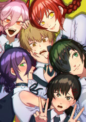  1boy 5girls akikoke black_choker black_hair black_necktie blonde_hair braid braided_ponytail chainsaw_man choker commentary_request cross-shaped_pupils demon_horns denji_(chainsaw_man) double_v dress_shirt eyepatch fingernails grenade_pin hair_between_eyes hand_on_another's_face hand_on_another's_head harem hetero higashiyama_kobeni himeno_(chainsaw_man) horns long_hair_between_eyes looking_at_viewer makima_(chainsaw_man) mole mole_under_eye mole_under_mouth multiple_girls multiple_moles necktie orange_eyes pink_hair power_(chainsaw_man) purple_hair red_eyes reze_(chainsaw_man) ringed_eyes sharp_teeth shirt sideways_glance surrounded sweatdrop symbol-shaped_pupils tears teeth v white_shirt yellow_background yellow_eyes 