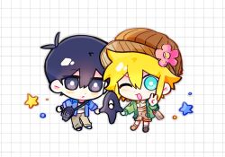  2boys :< antenna_hair basil_(birthday)_(omori) basil_(faraway)_(omori) basil_(omori) black_eyes black_hair blonde_hair blue_eyes blue_jacket blush bright_pupils brown_hat brown_overalls brown_pants cardigan character_bag chibi chibi_only closed_mouth collared_jacket collared_shirt double-parted_bangs gongs0313 green_cardigan hair_between_eyes hat jacket long_sleeves looking_at_viewer male_focus multiple_boys newsboy_cap omori open_clothes open_jacket open_mouth overall_shorts overalls pants shirt short-sleeved_jacket short_hair short_sleeves sidelocks smile something_(omori) sunny_(birthday)_(omori) sunny_(omori) v white_pupils white_shirt 