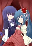  blue_eyes blue_hair blush bow cat_tail dress flower frederica_bernkastel frills furudo_erika hair_ornament highres long_hair multiple_girls nemu_(artist) nemu_(nebusokugimi) purple_eyes rose tail twintails umineko_no_naku_koro_ni very_long_hair 