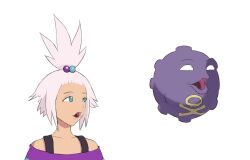  1girl blue_eyes commentary commission countgate dress english_commentary hair_bobbles hair_ornament highres koffing looking_to_the_side meme multicolored_hair_bobbles off-shoulder_dress off_shoulder open_mouth pogchamp_(meme) pokemon pokemon_(creature) pokemon_bw2 roxie_(pokemon) short_hair simple_background topknot upper_body white_background white_hair 