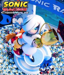  3d absurdres bald blue_eyes carrying carrying_person chaos_(sonic) dr._eggman dress facial_hair hair_over_one_eye highres long_mustache long_sleeves metal_sonic mustache no official_art sage_(sonic) short_hair smile sonic_(series) sonic_racing:_crossworlds tagme white_dress white_hair 
