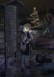  1girl absurdres bag beret black_scarf black_skirt blush breath brown_eyes brown_hair building bus_stop cellphone chain-link_fence christmas christmas_tree commentary dated_commentary fence flip_phone flower hair_rings hands_up hat hat_flower hatoba_tsugu highres holding holding_bag holding_phone loafers long_sleeves looking_ahead mole mole_under_eye night no_entry_sign open_mouth outdoors phone plastic_bag reflective_ground rei_ki_kai_hou road road_sign scarf shirt shoes short_hair sign single_hair_ring skirt smile snow solo standing talking_on_phone trash_bag tsugu_(vtuber) virtual_youtuber white_flower white_shirt wide_shot 