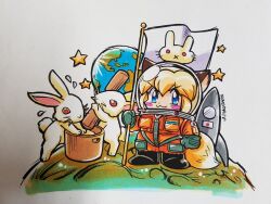  >:) 1girl :3 animal animal_ears artist_name black_boots blonde_hair blue_eyes boots chibi chinese_zodiac commentary crime_crackers earth_(planet) fishbowl_helmet flag food fox_ears fox_girl fox_tail gloves grey_gloves helmet highres holding holding_flag japanese_flag kokomahi leaza_(crime_crackers) mochi mochitsuki moon moon_rabbit mortar_(bowl) on_moon planet rabbit red_eyes rocket_ship short_hair solo space_helmet spacecraft spacesuit standing star_(symbol) tail traditional_media v-shaped_eyebrows white_rabbit_(animal) year_of_the_rabbit 