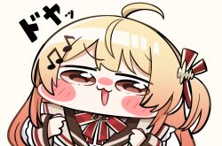  1girl ahoge blonde_hair blush_stickers brown_eyes brown_sailor_collar chibi chibi_only double-parted_bangs doyagao gradient_hair hair_ornament hair_ribbon hairclip highres hololive hololive_dev_is jacket kakue_gaku long_hair long_sleeves multicolored_hair musical_note musical_note_hair_ornament neck_ribbon one_side_up orange_hair otonose_kanade otonose_kanade_(1st_costume) red_eyes red_ribbon ribbon sailor_collar sidelocks simple_background smug solo thick_outlines upper_body virtual_youtuber white_jacket yellow_background 