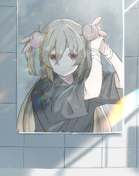  1girl absurdres bandaged_wrist bandages brown_hair closed_mouth grey_robe hair_ornament hands_up highres hospital_gown long_hair looking_at_viewer mirror natori_sana non-circular_lens_flare posan0222 rabbit_hair_ornament red_eyes reflection robe sana_channel shadow short_sleeves smile solo tile_wall tiles two_side_up tying_hair upper_body virtual_youtuber 