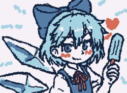  1girl animated animated_gif beachepisode blue_bow blue_eyes blue_hair blush bow cirno closed_mouth collared_shirt food hair_bow heart holding holding_food holding_popsicle ice ice_crystal ice_wings line_boil looking_at_viewer popsicle shirt short_hair short_sleeves smile solo touhou white_shirt wigglypaint_(medium) wings 