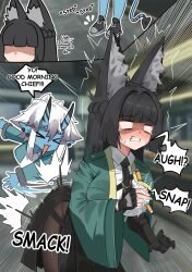  2girls absurdres animal_ears bernardo_(ggpa8423) black_hair black_necktie blue_skin blush breasts closed_eyes colored_skin demon_tail earrings english_text fox_ears fox_girl highres holding holding_pencil hoshimi_miyabi jewelry large_breasts long_hair multiple_girls necktie oni pencil slapping soukaku_(zenless_zone_zero) tail zenless_zone_zero 