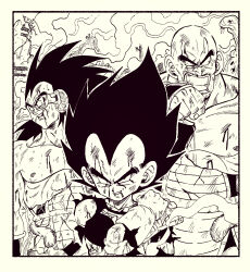  3boys ;) abs arm_at_side armor arms_at_sides artist_name bald blood blood_from_mouth blood_on_clothes blood_on_face border broken_armor broken_eyewear broken_glass clenched_hand clenched_teeth commentary_request dirty dirty_clothes dirty_face dragon_ball dragon_ball_z evil_smile exhausted facial_hair fenyon glass gloves greyscale half-closed_eyes hand_on_own_shoulder height_difference highres long_hair male_focus monkey_tail monochrome multiple_boys mustache nappa nipples one_eye_closed outdoors pectorals raditz ruins saiyan_armor scouter shirt smile smoke spiky_hair standing sweat tail teeth torn_clothes torn_shirt twitter_username upper_body vegeta very_long_hair white_border wiping_mouth 