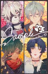  4boys animal_background animal_ear_fluff animal_ears animal_nose arms_behind_head artist_name asaba_harumasa bandana black_border black_gloves black_hair black_jacket black_necktie black_shirt blue_eyes blue_jacket body_fur border brown-tinted_eyewear choker claws closed_mouth collared_shirt collared_vest cross cross_choker crossed_bangs english_commentary eyepatch fang fiery_background film_reel fingerless_gloves fire floral_background flower furry furry_male gloves gradient_background green_eyes green_hair grey_hair hair_between_eyes hair_over_one_eye half-closed_eye hand_on_own_chin hand_up headband highres jacket lapels lighter_(zenless_zone_zero) lips long_sleeves looking_at_viewer male_focus multiple_boys muzzle_(mask) necktie open_clothes open_jacket orange_background parted_bangs pink_background purple_vest red_bandana red_choker red_eyes red_flower red_pupils red_rose rhemechan rose sample_watermark shirt short_hair shoulder_spikes skin_fang smile spikes sunglasses tan tinted_eyewear tongue tongue_out upper_body vest videocassette von_lycaon watermark white_fur white_hair white_shirt wise_(zenless_zone_zero) wolf_boy wolf_ears yellow-framed_eyewear yellow_background yellow_eyes yellow_headband zenless_zone_zero 