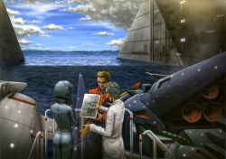  1girl 2boys artist_request ass buran_blutarch cable clouds cloudy_sky gaplant gundam gundam_perfect_file highres lab_coat machinery mecha mecha_pilot_suit military_uniform mobile_suit multiple_boys ocean official_art robot rosamia_badam scene_reference science_fiction scientist sky thrusters titans_(gundam) water zeta_gundam 