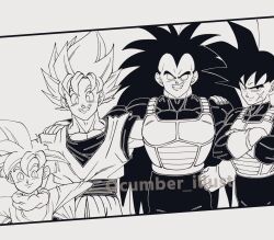  4boys absurdres bardock dougi dragon_ball dragon_ball_z family greyscale highres long_hair male_focus medium_hair monochrome multiple_boys qcumber_illust raditz saiyan_armor scar scar_on_face son_gohan son_goku spiky_hair super_saiyan super_saiyan_1 