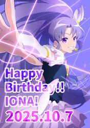  1girl commentary_request cure_fortune curtained_hair earrings english_text happinesscharge_precure! highres hikawa_iona jewelry long_hair looking_at_viewer magical_girl ponytail precure purple_background purple_hair purple_skirt short_sleeves skirt smile sparkle star_(symbol) star_earrings violet_eyes wasa7subi white_arm_warmers wide_ponytail 