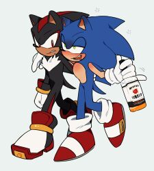  2boys alcohol animal_ears animal_nose black_fur blue_fur body_fur bottle bracelet drunk full_body furry furry_male gloves gold_bracelet green_eyes hand_on_another's_back hedgehog_boy highres holding holding_bottle jewelry male_focus multicolored_fur multiple_boys open_mouth red_eyes red_fur red_shoes shadow_the_hedgehog shoes short_tail simple_background sonic_(series) sonic_the_hedgehog standing tail two-tone_fur unneul walking white_background white_gloves worried 