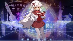  1girl book breasts china chinese_text communism copyright_logo flat_chest hearts_of_iron highres holding holding_book logo long_hair long_sleeves pckcool red_eyes sailor_collar school_uniform serafuku shirt skirt small_breasts solo star_(symbol) the_fire_rises the_long_march_(tfr) white_hair 