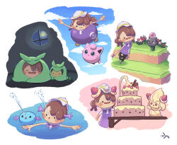  1girl :o =_= alcremie alcremie_(strawberry_sweet) alcremie_(vanilla_cream) aquabluu blue_sky blush blush_stickers brown_hair cake closed_eyes closed_mouth clouds commentary day ditto drooling english_commentary female_protagonist_(pokemon_pokopia) flower flying food hat indoors jigglypuff mouth_drool multiple_views night night_sky nostrils on_table open_mouth outdoors outstretched_arms pokemon pokemon_(creature) pokemon_focus pokemon_pokopia purple_shirt red_eyes shirt sky sleeping smile spoink spread_arms star_(sky) swadloon swimming table transformation transformed_ditto twintails water white_hat window wooper 