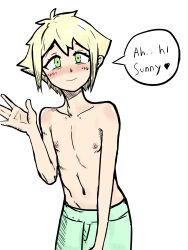  1boy absurdres bare_arms basil_(faraway)_(omori) basil_(omori) blonde_hair blush english_text green_eyes highres louveg25 nipples omori pale_skin short_hair shorts 