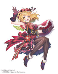  1girl ahoge armpits black_gloves blonde_hair breasts cana_(z/x) cape copyright_notice dress feathered_wings fur-trimmed_cape fur-trimmed_shoes fur_trim gloves green_wings hat highres konatsu_hare large_breasts mini_wings official_art open_mouth plaid_hat red_cape red_dress ribbed_thighhighs side_cape simple_background sleeveless sleeveless_dress solo teeth thigh-highs two_side_up upper_teeth_only white_background wings yellow_eyes z/x 