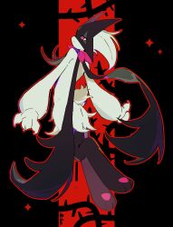  1other animal_hands black_border black_fur border cape claws flower full_body furry green_fur green_hair half-closed_eyes highres looking_to_the_side mask meowscarada other_focus pawpads pink_eyes pink_flower pokemon pokemon_(creature) red_background short_hair short_tail simple_background solo standing tail thorns two-tone_fur uuuuuuumbreon 