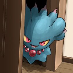  absurdres colored_sclera highres indoors looking_at_viewer misdreavus no_humans open_door pokemon pokemon_(creature) red_eyes smile solo spicyichizo wooden_floor yellow_sclera 