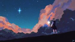  1girl artist_name bag black_dress black_hair clouds cloudy_sky commentary_request diffraction_spikes dress film_grain fireworks from_behind grey_sleeves highres holding holding_fireworks long_hair nipples original outdoors shoulder_bag signature sky solo sou_otoya63 sparkler standing star_(sky) starry_sky wide_shot 