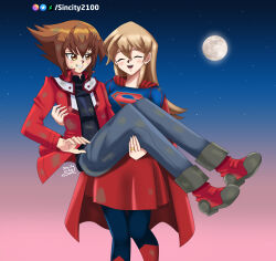 1boy 1girl blonde_hair blush brown_eyes brown_hair carrying carrying_person deviantart_username dirty dirty_clothes dirty_face happy long_hair multicolored_hair night princess_carry red_cape red_jacket rescue sincity2100 supergirl supergirl_(cosplay) tenjouin_asuka yu-gi-oh! yu-gi-oh!_gx yuu-gi-ou yuu-gi-ou_gx yuuki_juudai