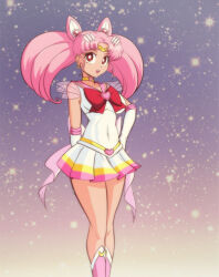  1girl aged_up bishoujo_senshi_sailor_moon bishoujo_senshi_sailor_moon_supers boots breasts brooch chibi_usa choker circlet cone_hair_bun covered_navel crisis_moon_compact crystal_carillon double_bun elbow_gloves gloves hair_bun hair_ornament heart heart_brooch heart_choker highres jewelry medium_breasts pink_boots pink_hair pink_sailor_collar pink_skirt sailor_chibi_moon sailor_collar sailor_senshi_uniform scorpdk skirt smile solo super_sailor_chibi_moon twintails white_gloves white_skirt yellow_skirt 