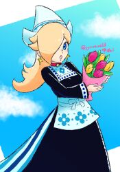  1girl :d black_dress blonde_hair blue_eyes blue_sky bouquet clouds dress earrings hair_over_one_eye highres holding holding_bouquet jewelry long_hair long_sleeves looking_at_viewer mario_kart mario_kart_tour official_alternate_costume open_mouth rosalina rosalina_(volendam) sky smile solo star_(symbol) star_earrings super_mario_bros. twitter_username yyouauo33 
