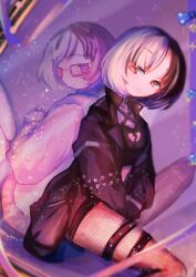  2girls absurdres against_mirror belt belt_buckle belt_collar black_belt black_hair black_jacket black_pantyhose black_shirt black_skirt blue_skirt blush broken_heart_print brown_eyes buckle collar collared_jacket commentary_request criss-cross_straps crop_top different_reflection expressionless fishnet_pantyhose fishnets full-length_mirror furrowed_brow glasses hands_on_lap high_collar highres jacket jax_(shining_nikki) knee_up knees_up light_particles long_sleeves looking_at_reflection microskirt midriff miniskirt mirror multicolored_hair multiple_belts multiple_girls night night_sky nikki_(series) open_clothes open_jacket pantyhose parted_bangs pink_jacket pleated_skirt pom_pom_(clothes) print_shirt puffy_long_sleeves puffy_sleeves punk purple_sky red-framed_eyewear reflection sad shining_nikki shio_midori shirt sitting skirt sky sleeves_past_wrists split-color_hair star_(sky) starry_sky sweater_jacket thigh_belt thigh_strap two-tone_hair white_hair yuka_(shining_nikki) 