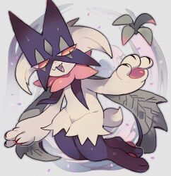  1other :3 akadako animal_feet animal_hands arm_up bags_under_eyes black_fur body_fur commentary_request fang floating floating_object full_body furry green_fur green_hair grey_background grey_outline groin happy meowscarada open_mouth orange_eyes other_focus outline partial_commentary pawpads pokemon pokemon_(creature) short_hair short_tail smile solo tail two-tone_fur 