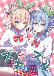  2girls absurdres black_jacket blonde_hair blue_eyes blue_hair bow bow_hairband bowtie breast_pocket cherry_earrings cherry_pop_(vocaloid) closed_mouth clothes_around_waist collared_shirt commentary_request double_bun dress_shirt earrings eyelashes food-themed_earrings four-finger_heart_hands gingham gingham_background gingham_bowtie gingham_skirt green_eyes green_hairband gyaru hair_bun hair_ornament hairband hairclip hatsune_miku heart heart_hair_ornament heart_hands heart_hands_duo highres indie_virtual_youtuber jacket jacket_around_waist jewelry jitome lips long_sleeves looking_at_viewer loose_bowtie multicolored_hair multiple_girls nail_polish nanaba_(7leaves) paid_reward_available pocket red_bow red_bowtie red_nails red_skirt red_streaks school_uniform shigure_ui_(vtuber) shirt skirt sleeves_rolled_up smug streaked_hair virtual_youtuber white_shirt 