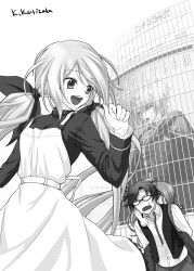 :d blush breasts casual chaos;child chaos;head dress glasses goth_fashion greyscale highres kishimoto_ayase long_hair makeup minamisawa_senri miyashiro_takuru monochrome multiple_girls opaque_glasses open_mouth phantasm ribbon robber-krzk science_adventure shibuya_(tokyo) short_hair small_breasts smile tokyo_(city) yamazoe_uki 