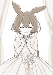  1girl alternate_costume blush brown_theme closed_eyes commentary_request dress flat_chest flower gloves grin highres long_hair low_ponytail monochrome pea_pod ponytail smile solo strapless strapless_dress tuitou voiceroid voicevox wedding_dress zundamon 