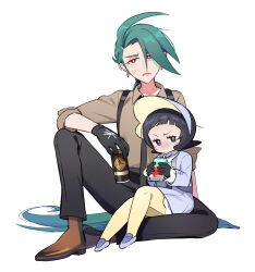  2girls ahoge androgynous anger_vein beer_can black_gloves black_hair black_necktie black_pants blush_stickers botamochi_(exwelder) bright_pupils brown_shirt brown_shoes can collared_shirt dress drink_can earrings full_body gloves green_hair grey_bonnet grey_dress grey_pupils grey_shoes highres jewelry juice_box long_hair long_sleeves looking_at_viewer multiple_girls necktie open_mouth pants pantyhose pokemon pokemon_sv ponytail poppy_(pokemon) purple_shoes red_eyes reverse_trap rika_(pokemon) shirt shoes short_hair simple_background sitting suspenders tearing_up white_background white_pupils yellow_pantyhose 