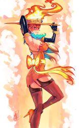  ass_visible_through_thighs boutsoftheblind earrings feather_earrings feathers fire_ribbon hat high_heels highres hololive hololive_english holomyth jewelry orange_hair red_thighhighs smug takanashi_kiara thigh-highs thigh_strap virtual_youtuber witch_hat 