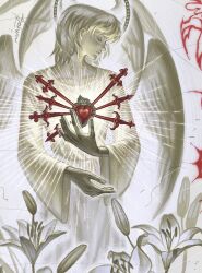  1boy androgynous angel_wings bud flower glowing halo heart highres holding holding_heart hunter_x_hunter icon_(religion) kurapika lily_(flower) long_sleeves male_focus mirgothx profile robe sacred_heart_of_jesus spot_color statue sword weapon white_robe wings 