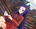  3_girls ahoge akitsu ayase_yue bells book dutch_angle library mahou_sensei_negima mahou_sensei_negima! miyazaki_nodoka plaid plaid_skirt purple_eyes purple_hair reading saotome_haruna school_uniform skirt violet_eyes 