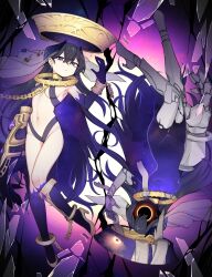  1girl arm_up armored_boots bandaged_wrist bandages black_hole black_hole_head boots bracelet breasts broken_glass chain clone clothing_request collar commission constellation_print crack crossed_bangs double-parted_bangs earrings eye_piercing gauntlets glass gold gold_chain gold_choker gold_earrings gold_gauntlet gold_halo gold_shoes gradient_background groin half-closed_eyes high_heel_boots high_heels highres horns jewelry khaos_(ketron) large_arm long_bangs long_hair looking_at_viewer looking_to_the_side navel nyong_nyong original outline pale_skin parted_lips planet prosthesis prosthetic_arm prosthetic_hand prosthetic_leg purple_background purple_hair purple_horns purple_outline radial_gradient_background raised_eyebrows second-party_source see-through_clothes see-through_veil shoes small_breasts solar_system solo starry_hair starry_skin translated veil very_long_hair 