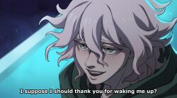  1boy colored_eyelashes danganronpa_(series) danganronpa_2:_goodbye_despair derivative_work eyelashes green_jacket hair_between_eyes highres jacket komaeda_nagito lips male_focus medium_hair messy_hair neuronomicon open_mouth pale_skin screenshot_redraw smile solo subtitled teeth white_eyelashes 