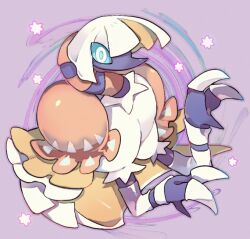  akadako animal_focus bags_under_eyes blonde_hair blue_pupils blue_sclera bob_cut claws colored_sclera commentary_request espathra full_body looking_at_viewer multicolored_hair no_humans outline partial_commentary pokemon pokemon_(creature) purple_background purple_outline short_hair sidelocks solo spiral_background two-tone_hair white_eyes white_hair wide-eyed 