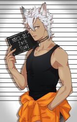  1boy animal_ears black_tank_top commentary_request con_potata cowboy_shot dark-skinned_male dark_skin grey_hair hand_in_pocket highres holding holding_sign jack_howl jewelry jumpsuit looking_at_viewer male_focus mugshot necklace orange_jumpsuit prison_clothes short_hair sign tail tank_top tooth_necklace twisted_wonderland white_background wolf_boy wolf_ears wolf_tail yellow_eyes 
